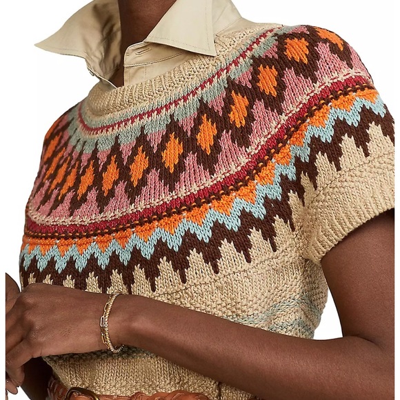 POLO Ralph Lauren Jacquard Knit Cap Sleeve Neutral Fair Isle Style Sweater XL - Picture 3 of 13